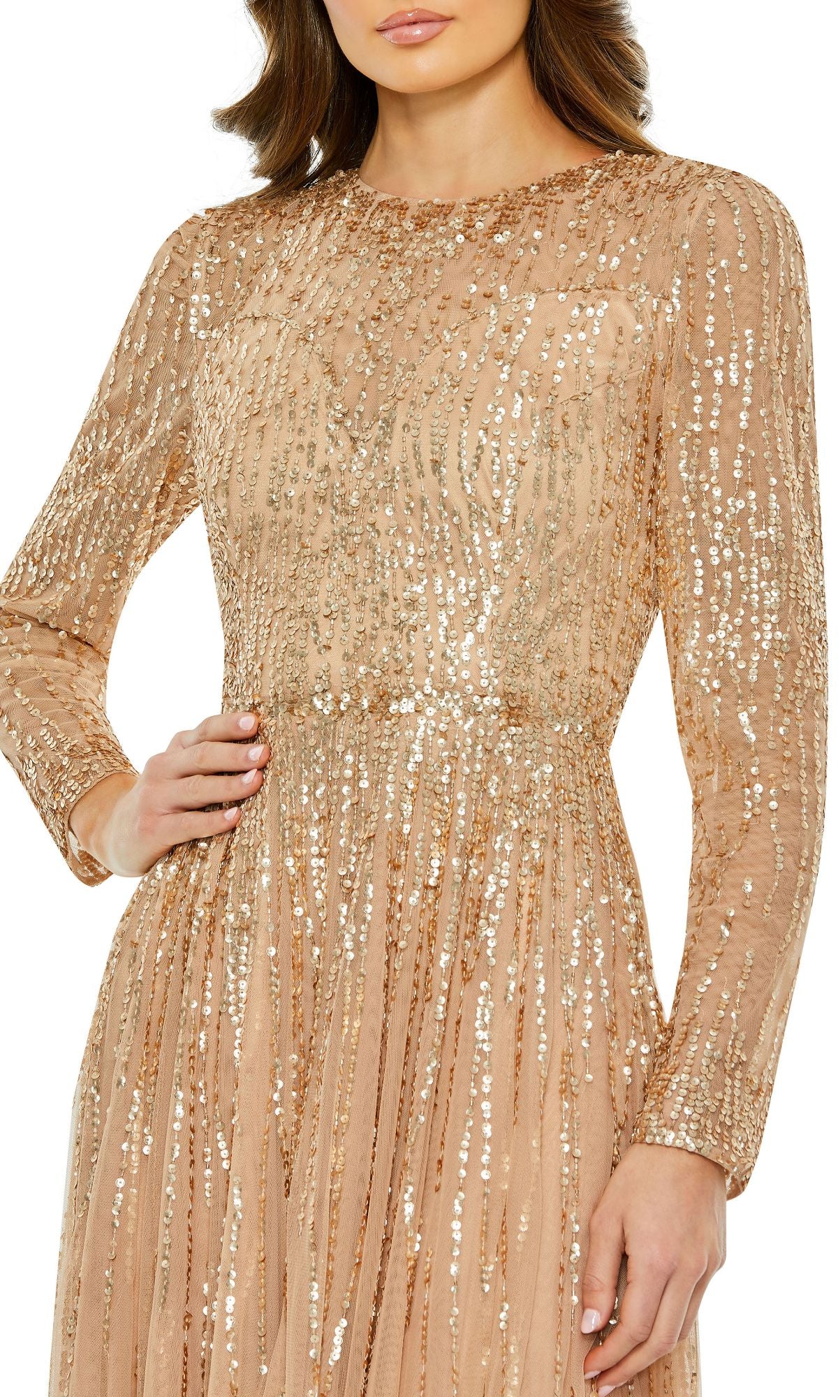 The Modest Long Sleeve Formal Dress: Mac Duggal 5636 features gold sequin accents, a round neckline, and a pleated skirt—an elegant, sophisticated option for prom or any formal event.